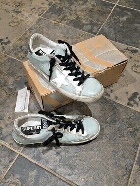 Golden Goose Super-Star Sneakers Mint Green Silver Metallic Size 38